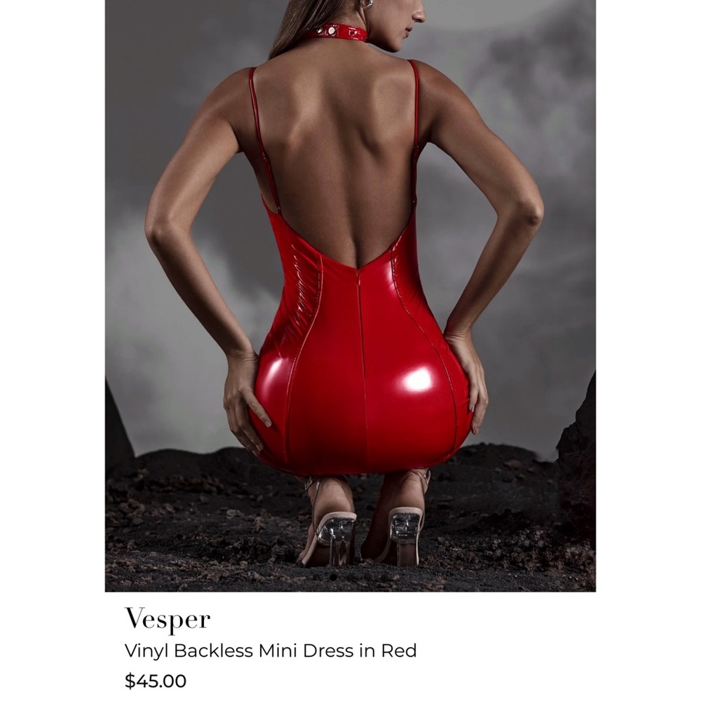Oh Polly Vesper Red Vinyl Spaghetti Strap Backless Mini Dress US 0 - Picture 3 of 7